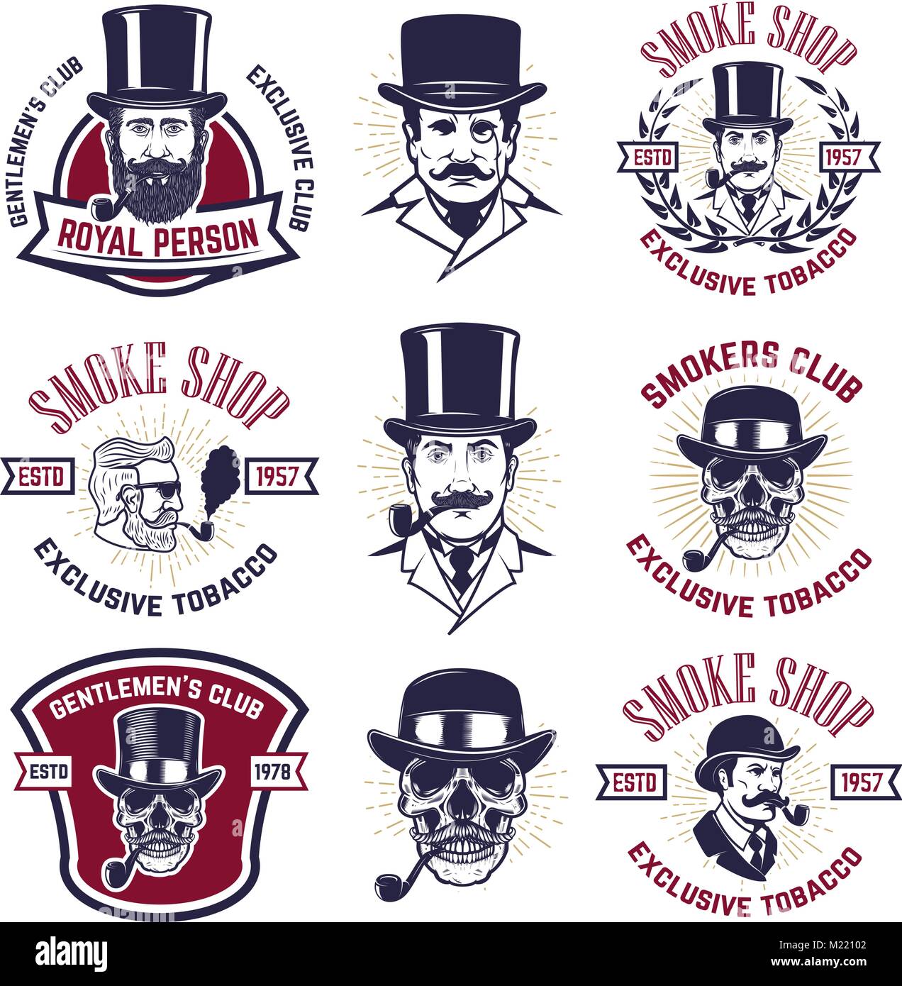 Set of smokers club emblems. Vintage gentlemans portraits with smoking pipes. Design element for logo, label, emblem, sign, poster, banner. Vector ill Stock Vector