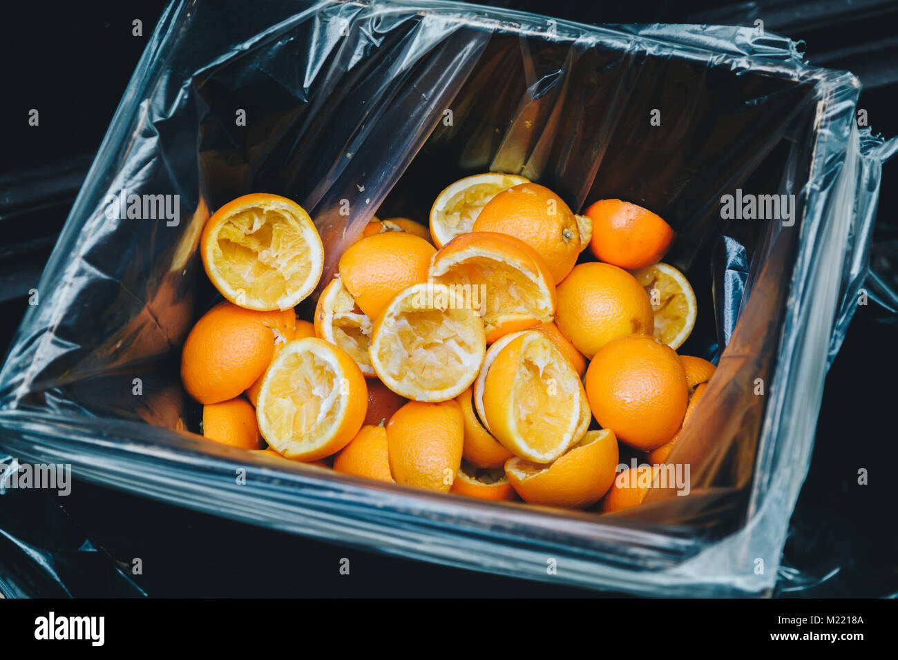 Organic compost garbage bin filled with orange peels Stock Photo Alamy
