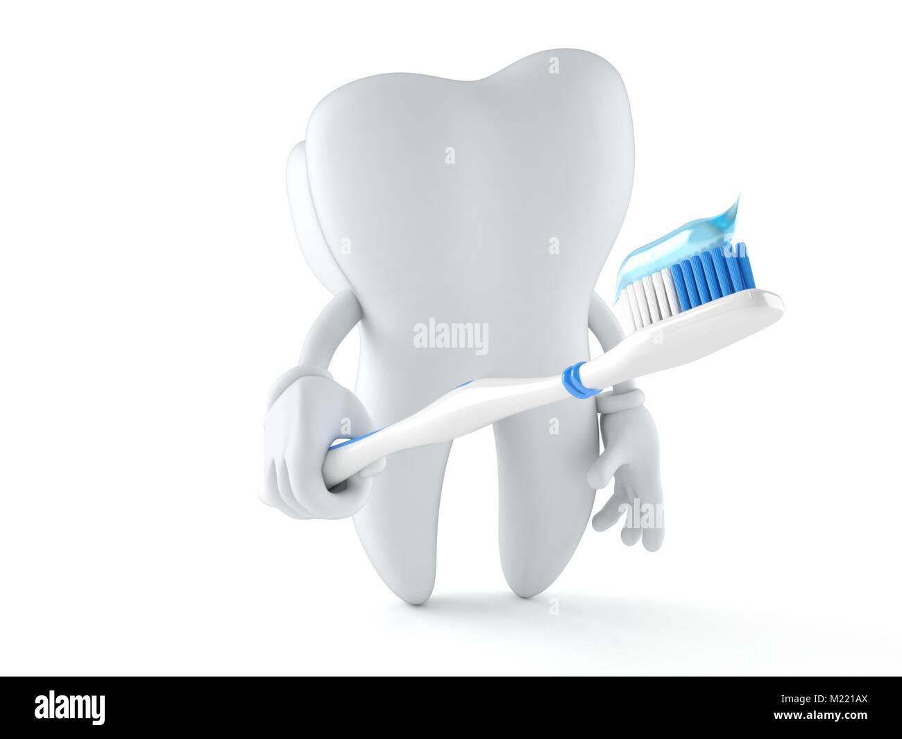 Tooth character with toothbrush isolated on white background Stock