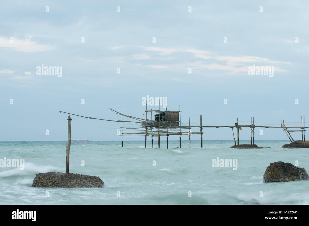 blue hour at Natural Reserve of Punta Aderci and Costa dei trabocchi, Abruzzo, Adriatic sea, Italy Stock Photo