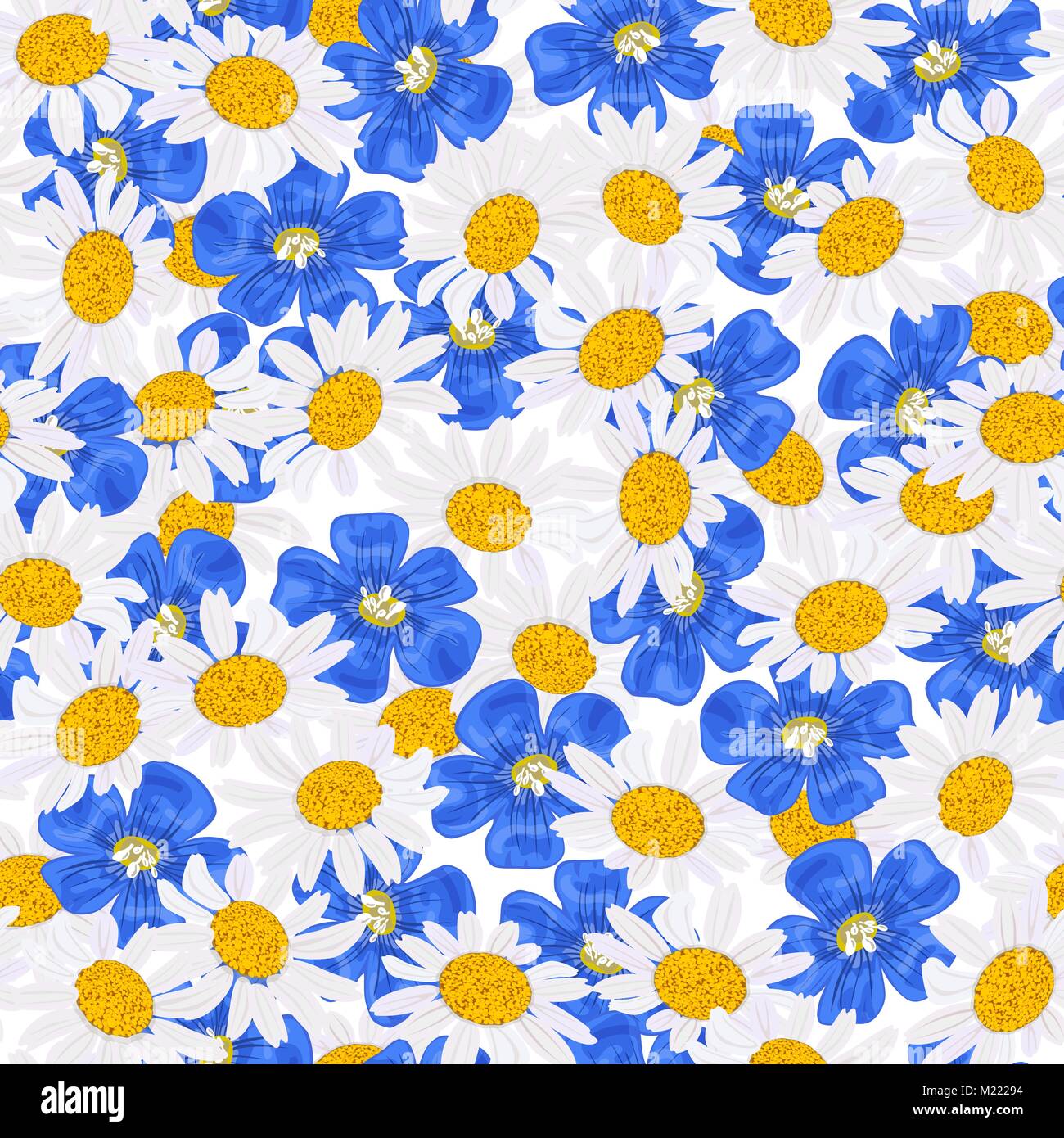 Daisy and blue flowers, seamless pattern Vector. flax, chamomile wildflower heads Stock Vector