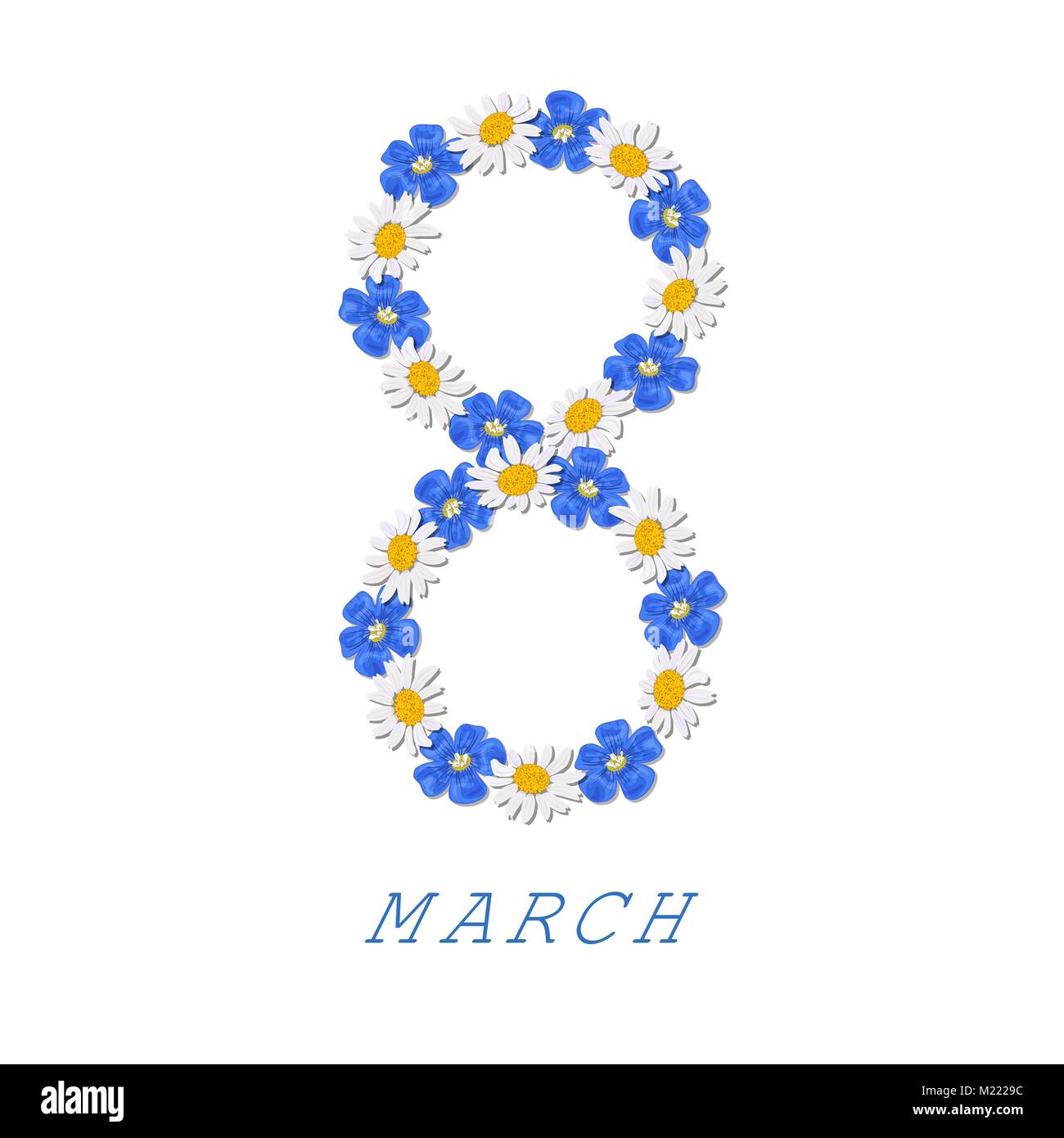 Postcard to March 8, Congratulations to the Women's Day. Daisy and forget-me-not, flax, chamomile Stock Vector