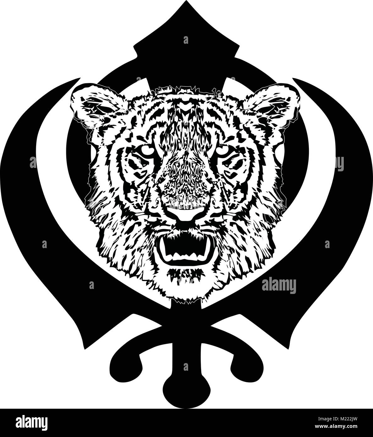Tiger head with fangs and crossed swords, khanda. Sketch for tattoo, button, isolated, vector Stock Vector