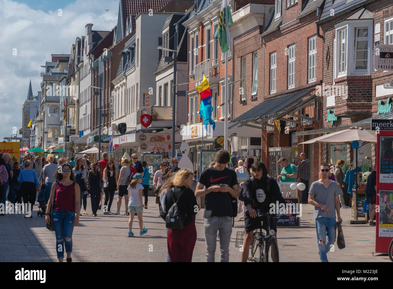 Very busy Friedrichstrasse, main shopping street of Westerland, island