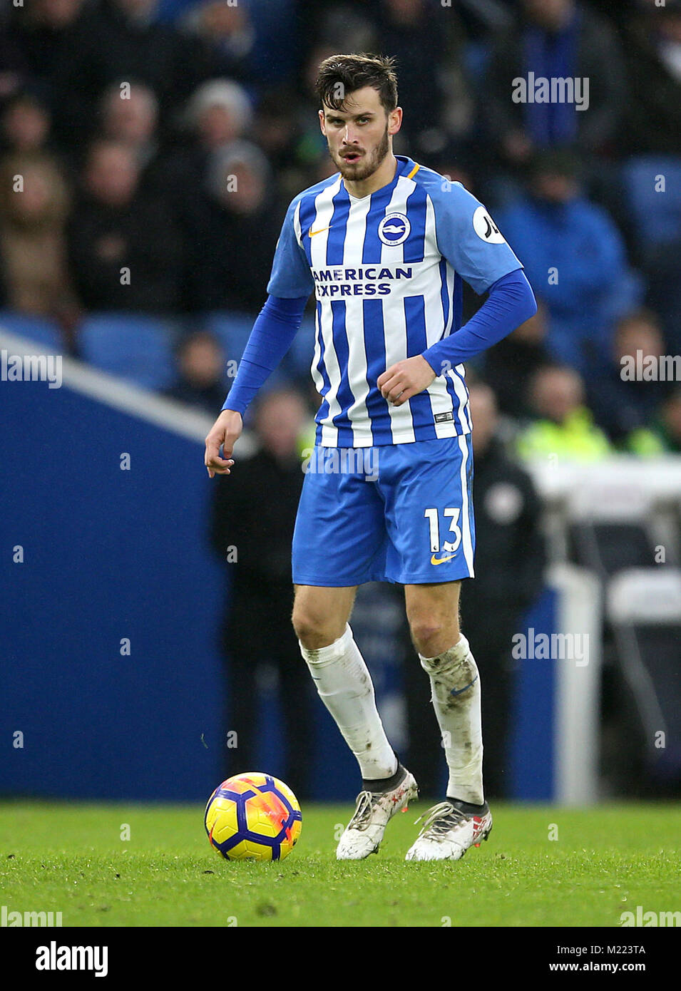 Brighton & Hove Albion's Pascal Gross in action during the Premier League match at the AMEX Stadium, Brighton. PRESS ASSOCIATION Photo. Picture date: Saturday February 3, 2018. See PA story SOCCER Brighton. Photo credit should read: Steven Paston/PA Wire. RESTRICTIONS: No use with unauthorised audio, video, data, fixture lists, club/league logos or 'live' services. Online in-match use limited to 75 images, no video emulation. No use in betting, games or single club/league/player publications. Stock Photo