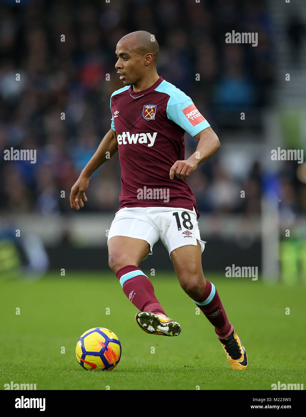 West Ham United's Joao Mario in action during the Premier League match at the AMEX Stadium, Brighton. PRESS ASSOCIATION Photo. Picture date: Saturday February 3, 2018. See PA story SOCCER Brighton. Photo credit should read: Steven Paston/PA Wire. RESTRICTIONS: No use with unauthorised audio, video, data, fixture lists, club/league logos or 'live' services. Online in-match use limited to 75 images, no video emulation. No use in betting, games or single club/league/player publications. Stock Photo
