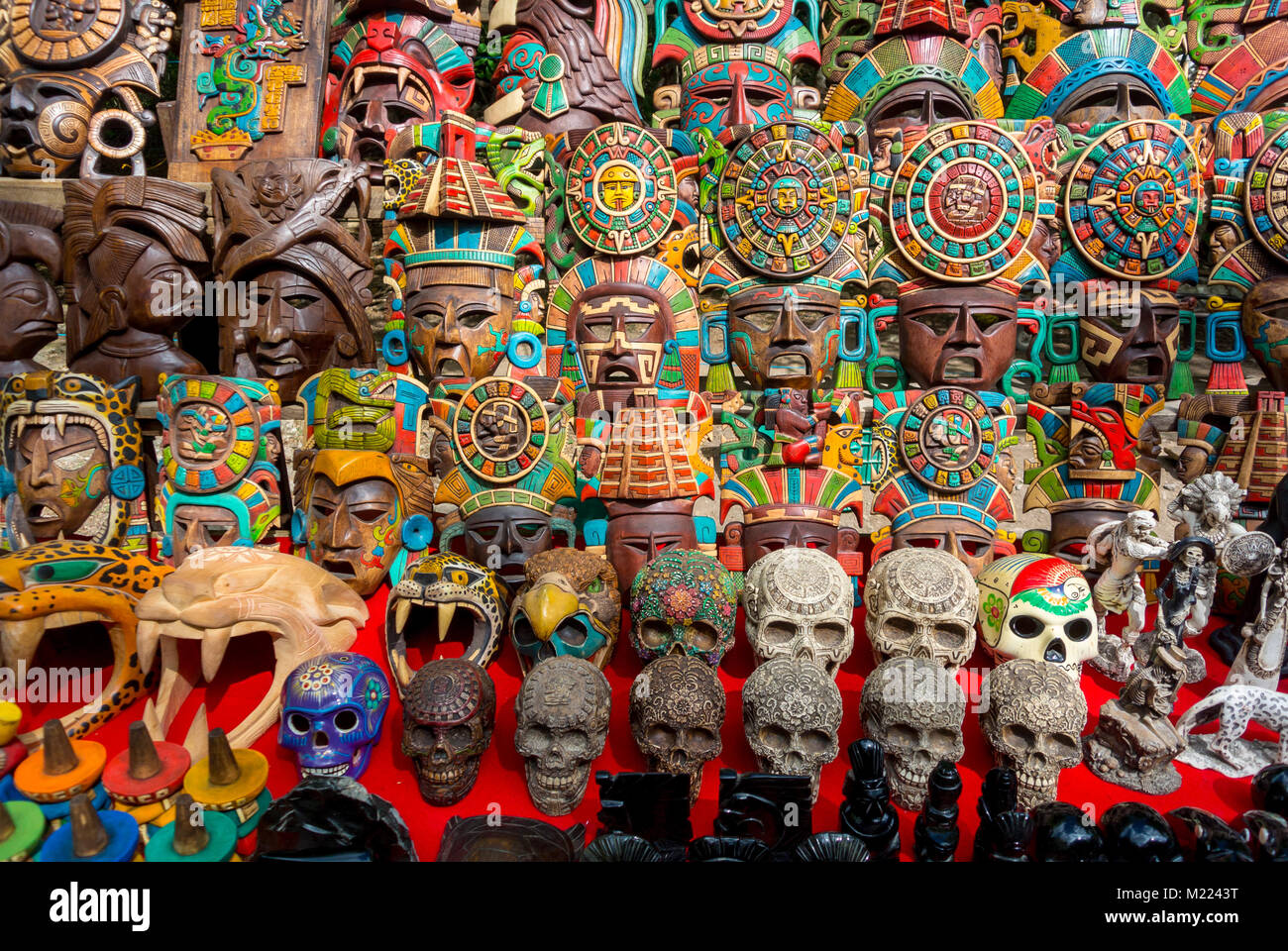 Chichén-Itzá, Yucatan, Mexico, Mayan wooden masks at souvenir shop, Editorial only. Stock Photo