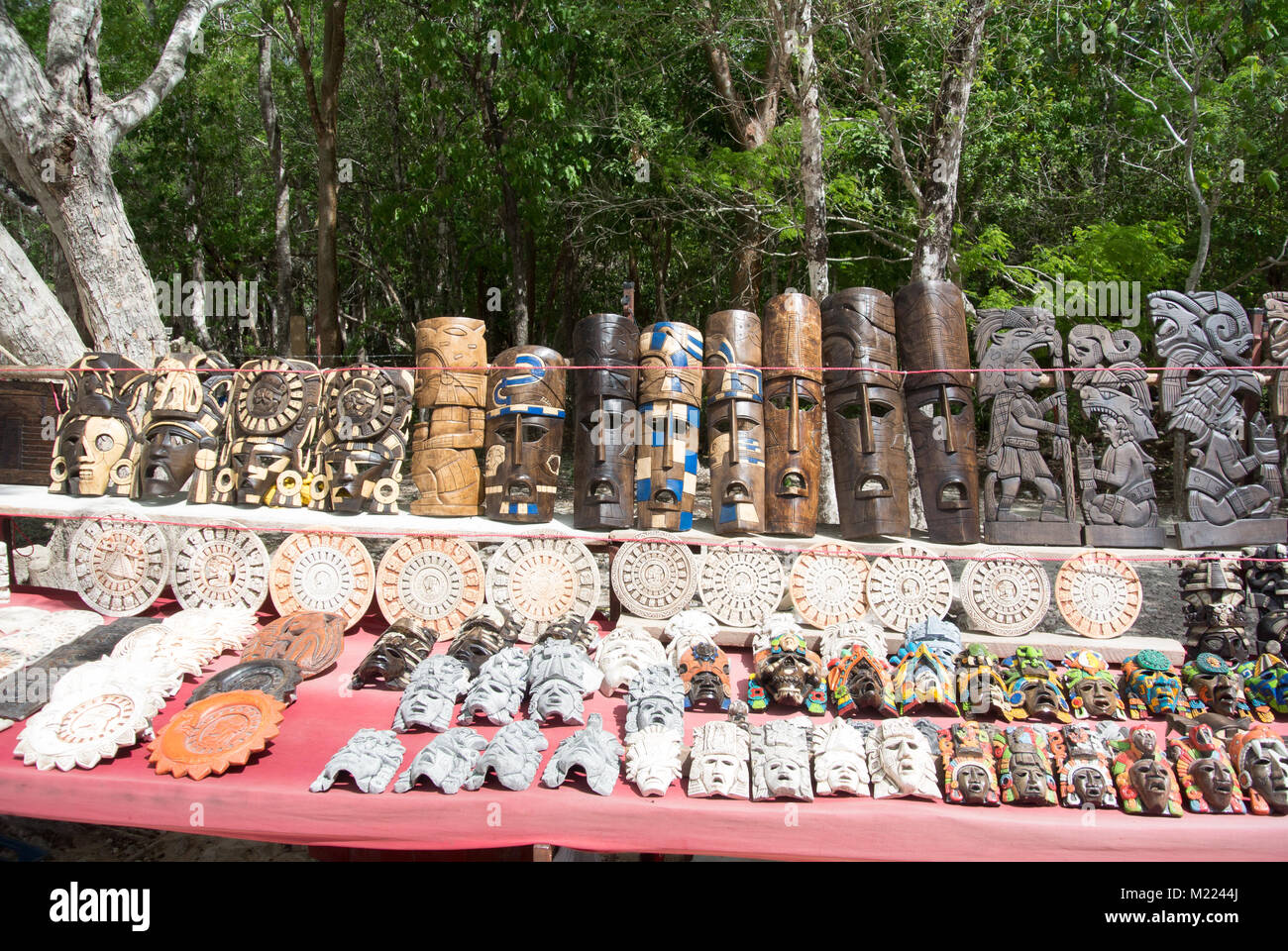 Chichén-Itzá, Yucatan, Mexico, Mayan wooden masks at souvenir shop, Editorial only. Stock Photo