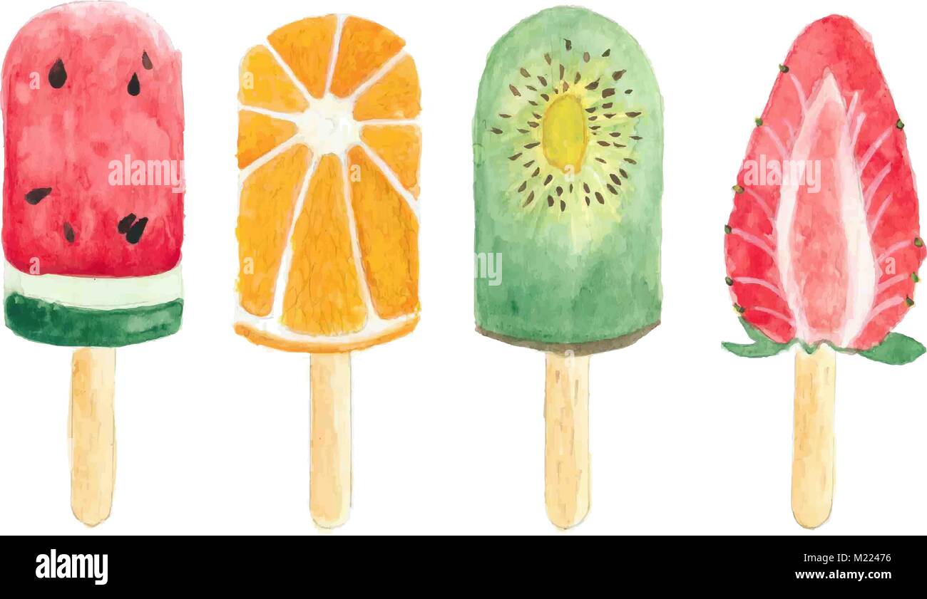 Watercolor fruit ice cream on white background. Vector illustration Stock Vector