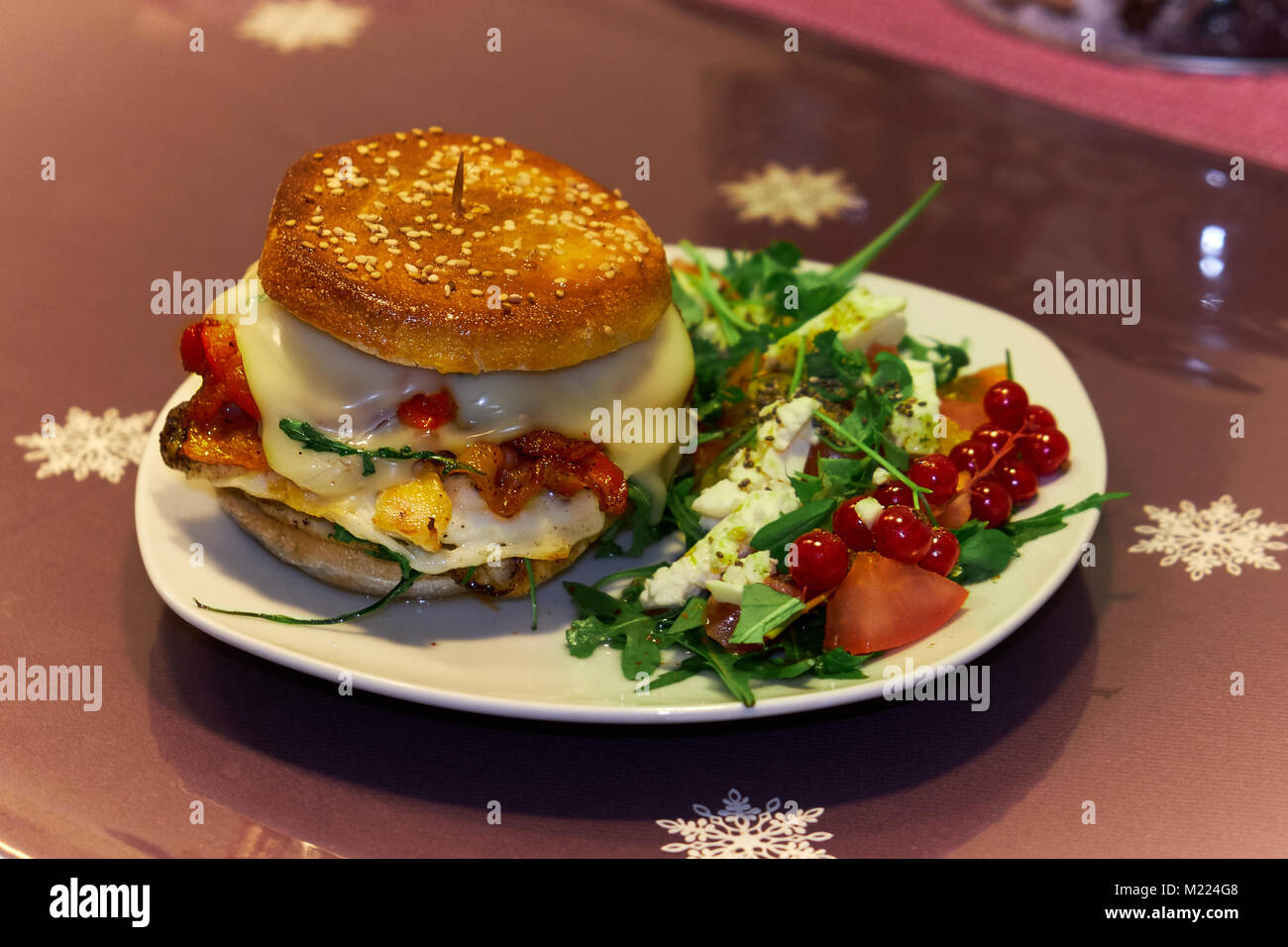 Burger with Egg, Bacon & Salad Stock Photo