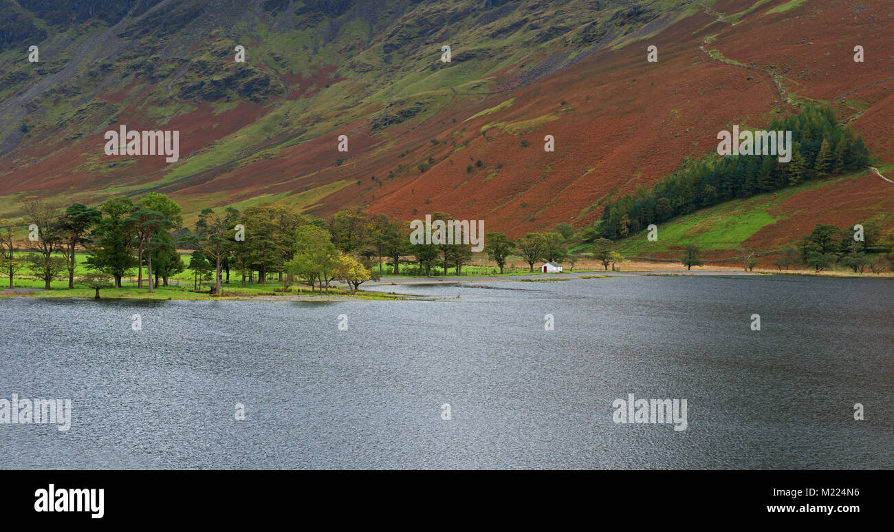 Warnscale Bottom with Boat House Buttermere Southern Shore. The Lake District, Cumbria, England. Uk Stock Photo
