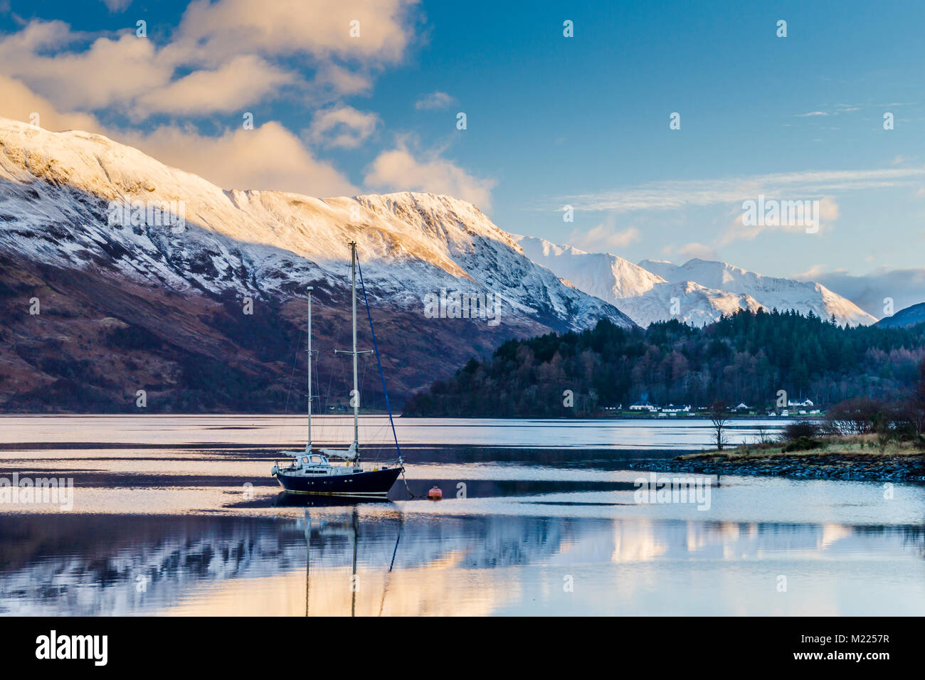 Taken from the hotel window, in Ballachulish, looking towards Glencoe Village and Mam na Gualainn. Stock Photo