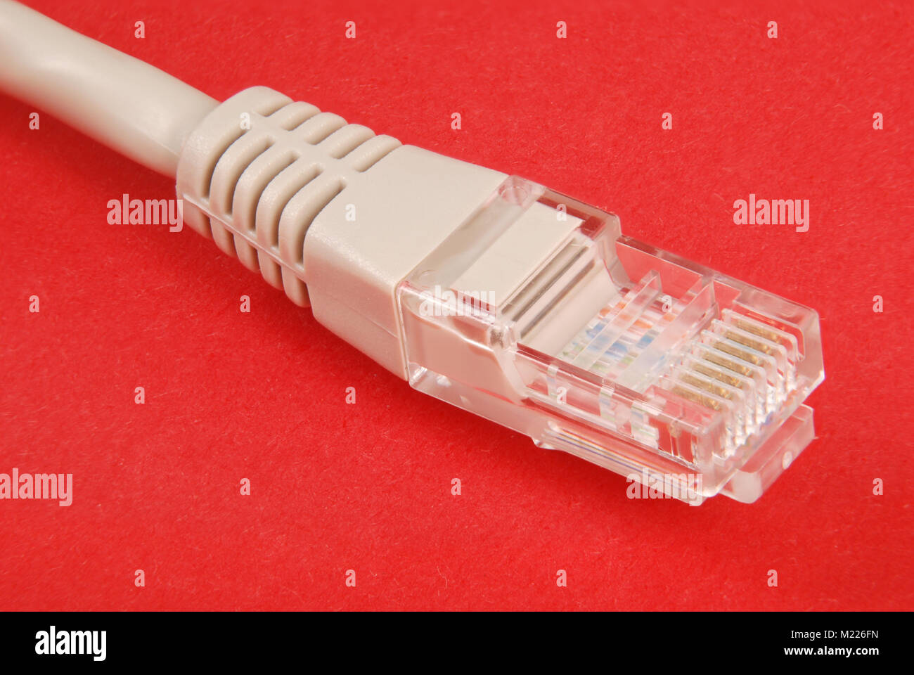 Lan cable and connector RJ45, isolated on red background. Stock Photo