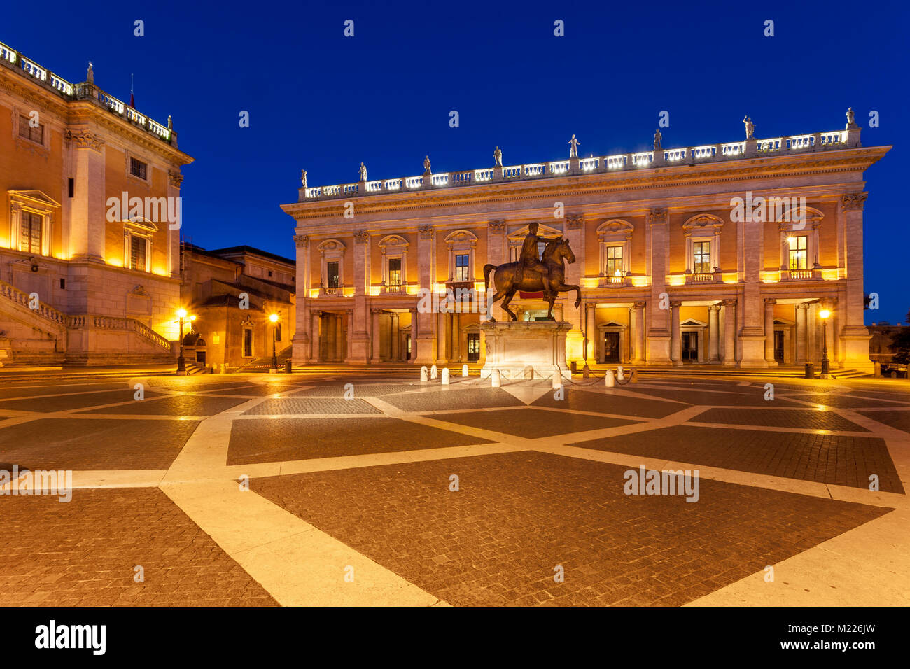 Palazzo Senatorio, horse statue of Marcus Aurelius, Palazzo dei Conservatori  and Piazza Campidoglio on Capitoline Hill at dawn, Rome, Lazio Italy Stock Photo