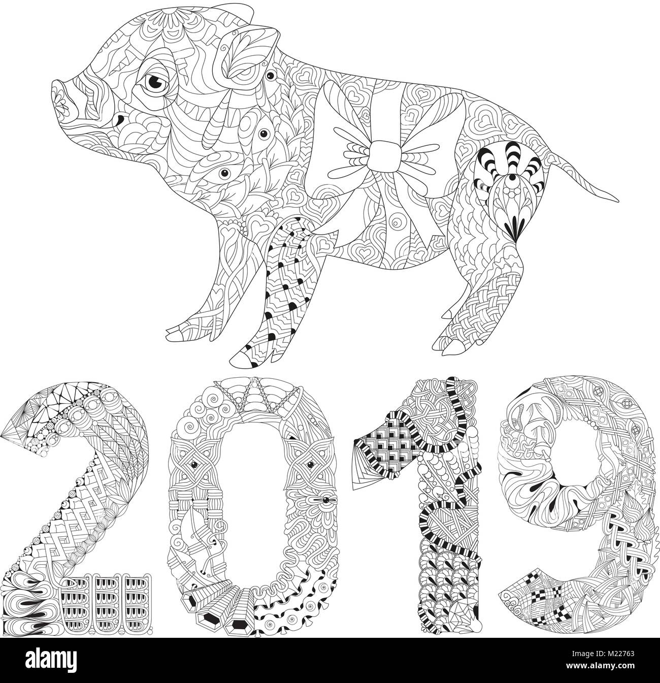 Zentangle illustration with pig and number 2019. Zen tangle or doodle piglet. Coloring book domestic animal. Stock Vector