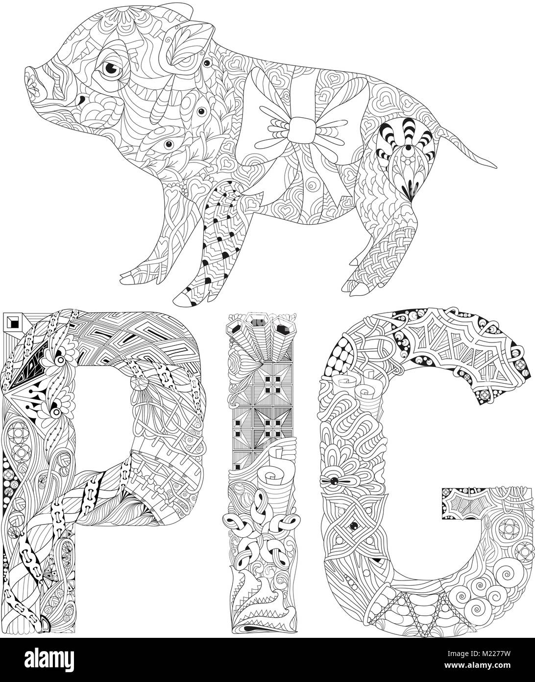 Zentangle illustration with pig. Zen tangle or doodle piglet. Coloring book domestic animal. Stock Vector