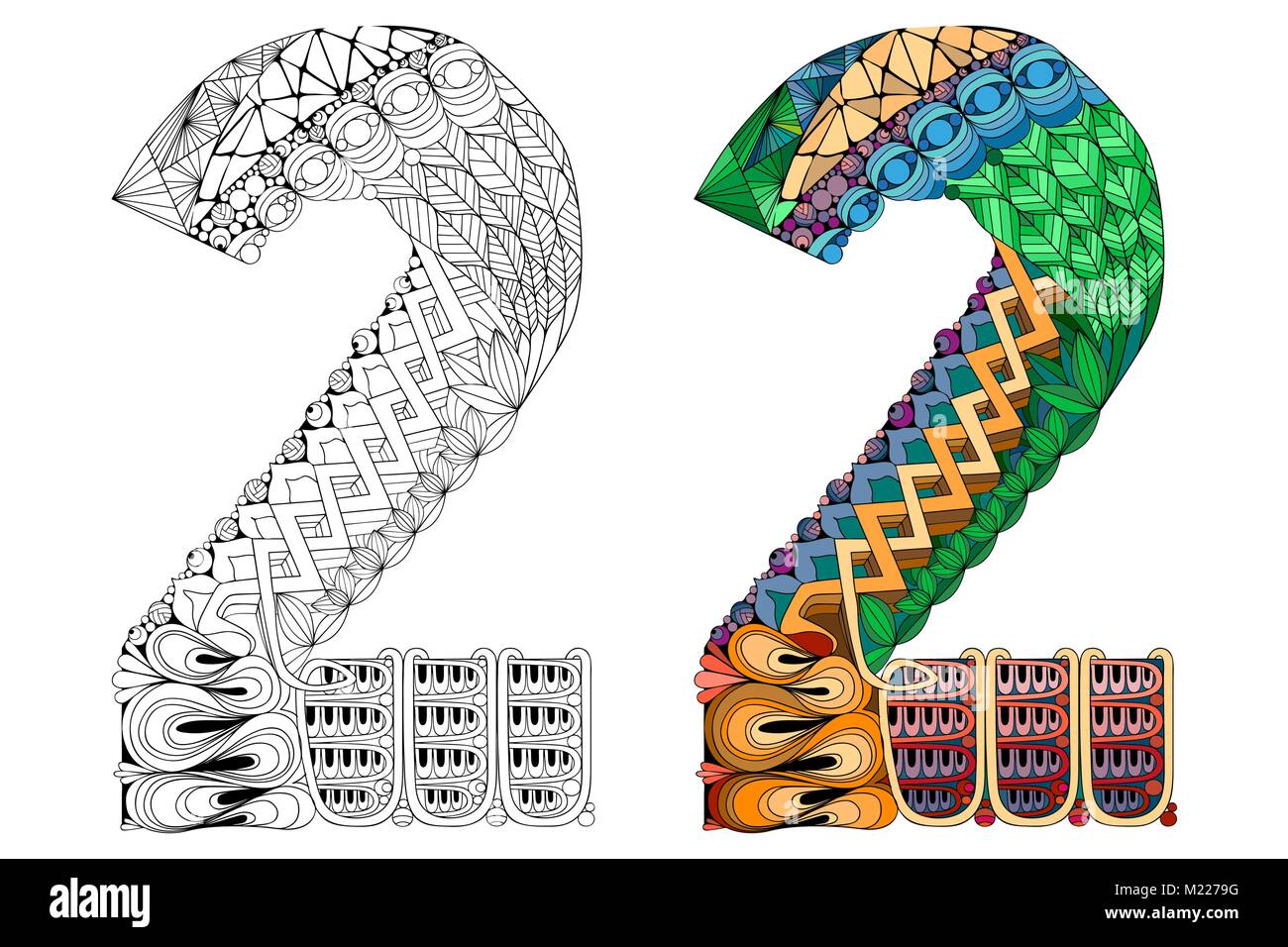 Hand-painted art design. Number two zentangle objects. Colored and outline set Stock Vector