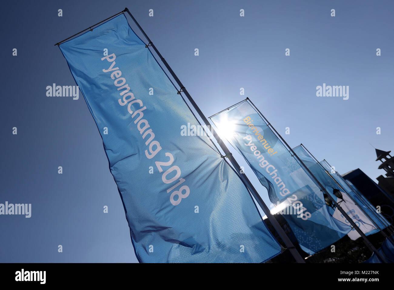 Pyeong Chang 2018 flags during a preview day at the Alpensia Sports Park, ahead of the PyeongChang 2018 Winter Olympic Games in South Korea. Stock Photo