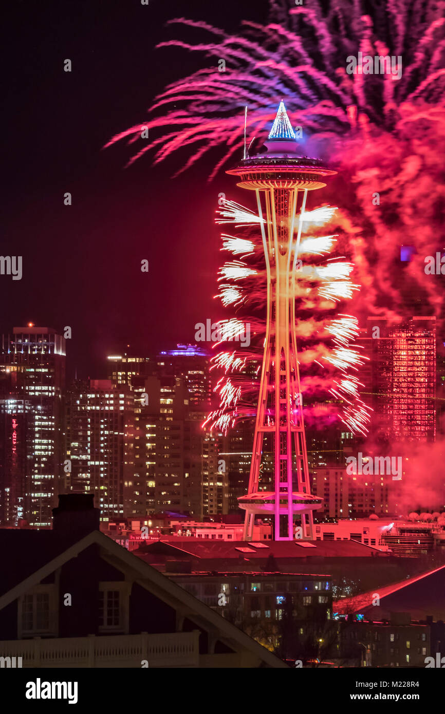 Seattle Space Needle Fireworks High Resolution Stock Photography and