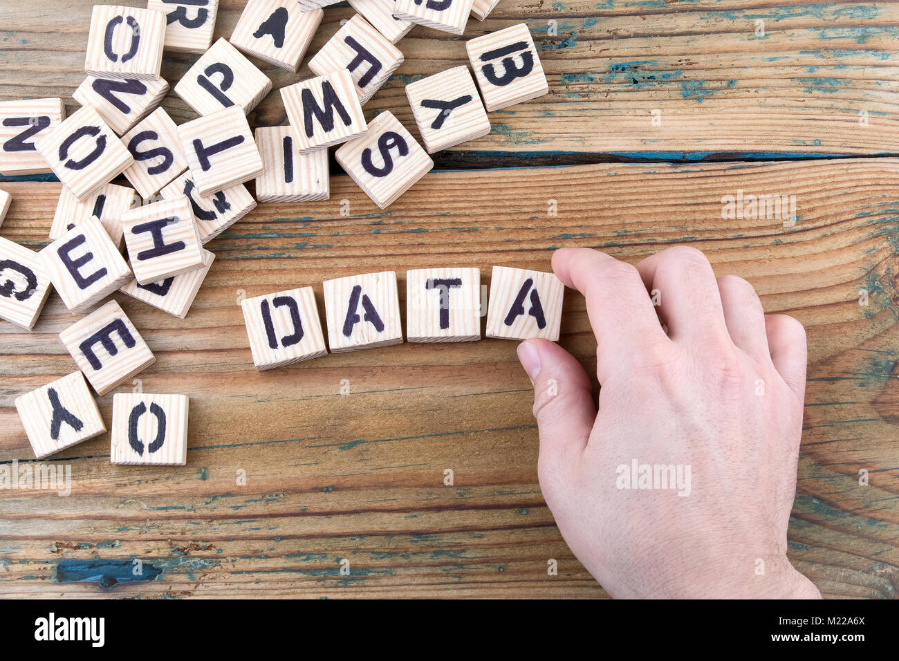 data. Wooden letters on the office desk, informative and communication background Stock Photo