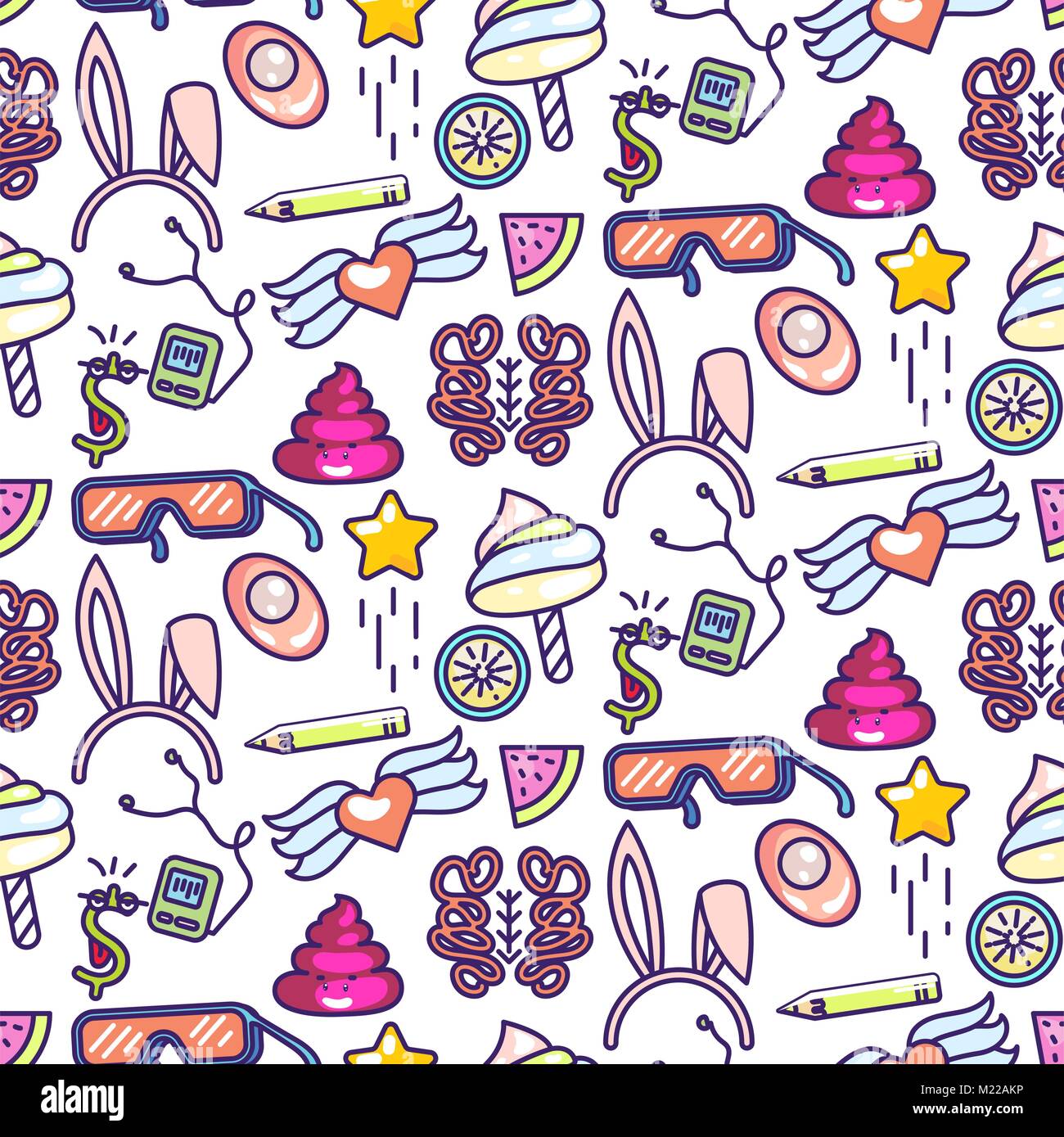Fun doodles vector icons seamless pattern. Pop art modern style objects. Stock Vector