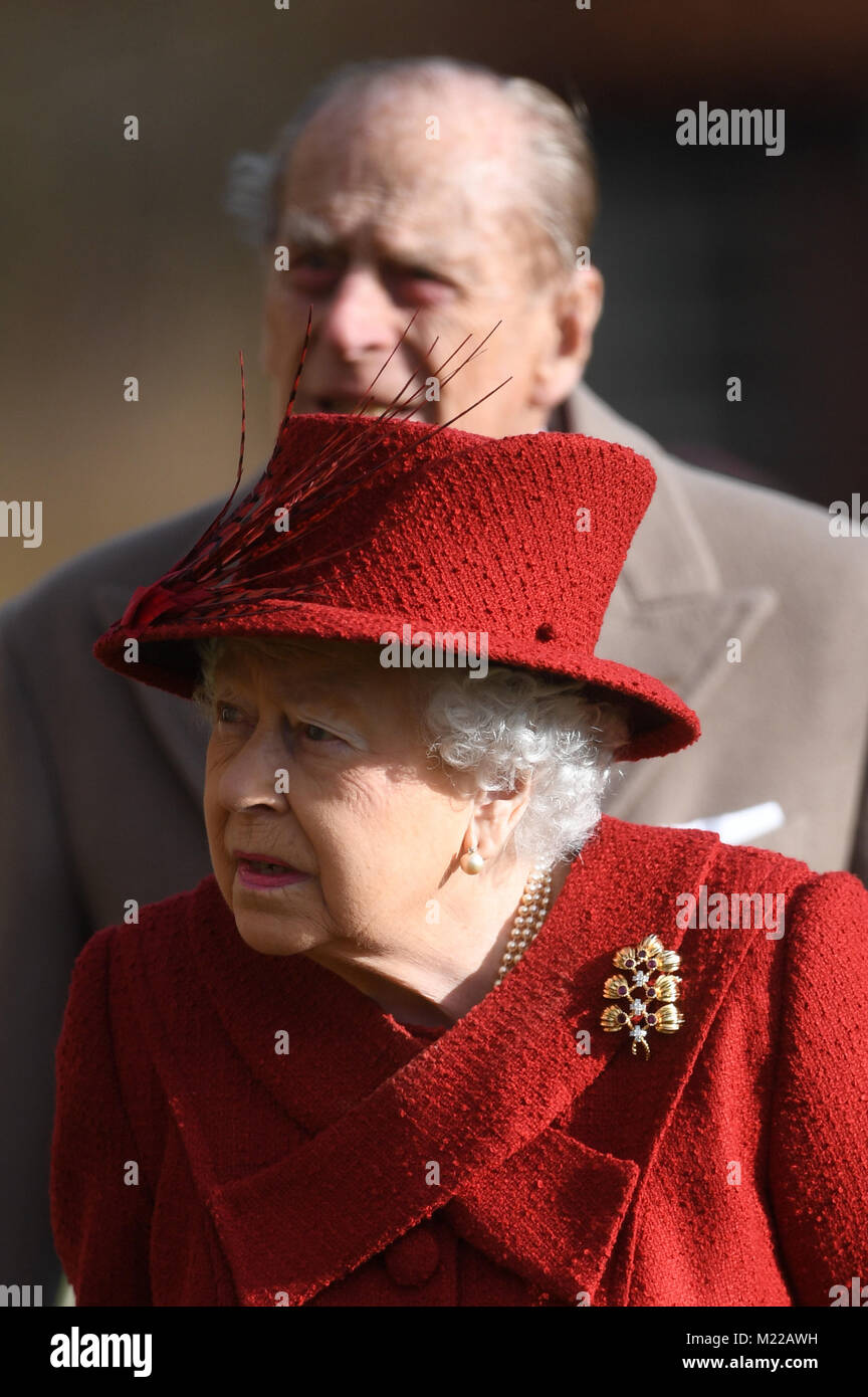 Queen Elizabeth II and the Duke of Edinburgh attending St Peter and Paul Church in West Newton, Norfolk, for a Sunday morning service. Stock Photo