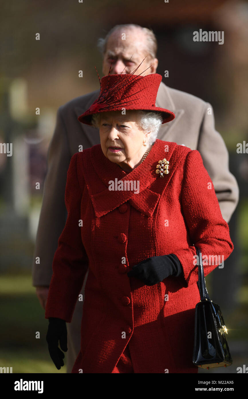 Queen Elizabeth II and the Duke of Edinburgh attending St Peter and Paul Church in West Newton, Norfolk, for a Sunday morning service. Stock Photo