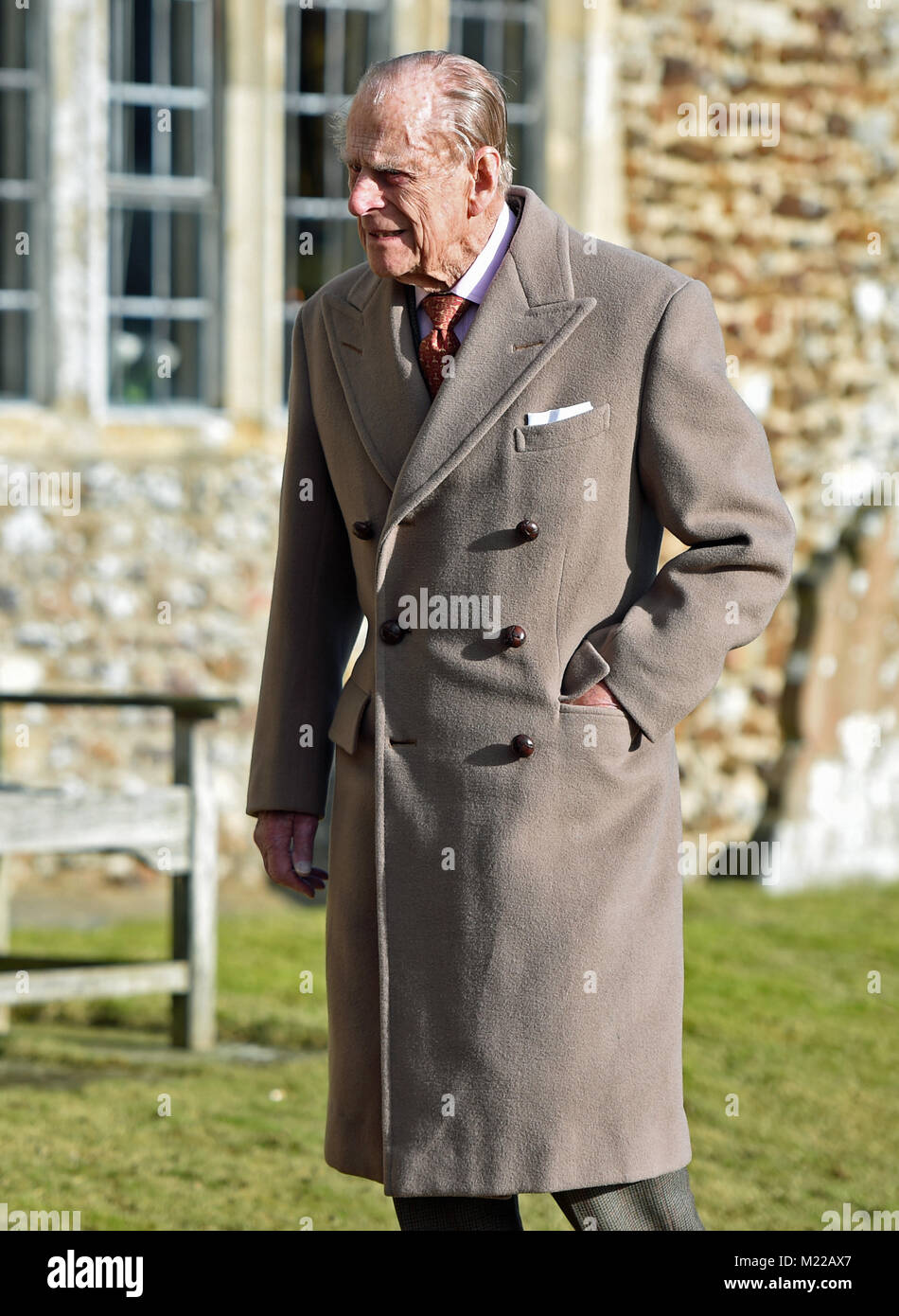 The Duke of Edinburgh attending St Peter and Paul Church in West Newton, Norfolk, for a Sunday morning service. Stock Photo