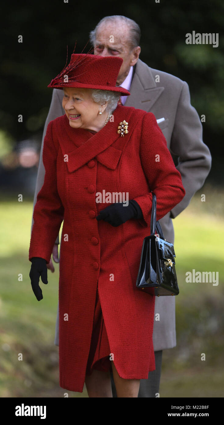 Queen Elizabeth II and The Duke of Edinburgh attending St Peter and Paul Church in West Newton, Norfolk, for a Sunday morning service. Stock Photo