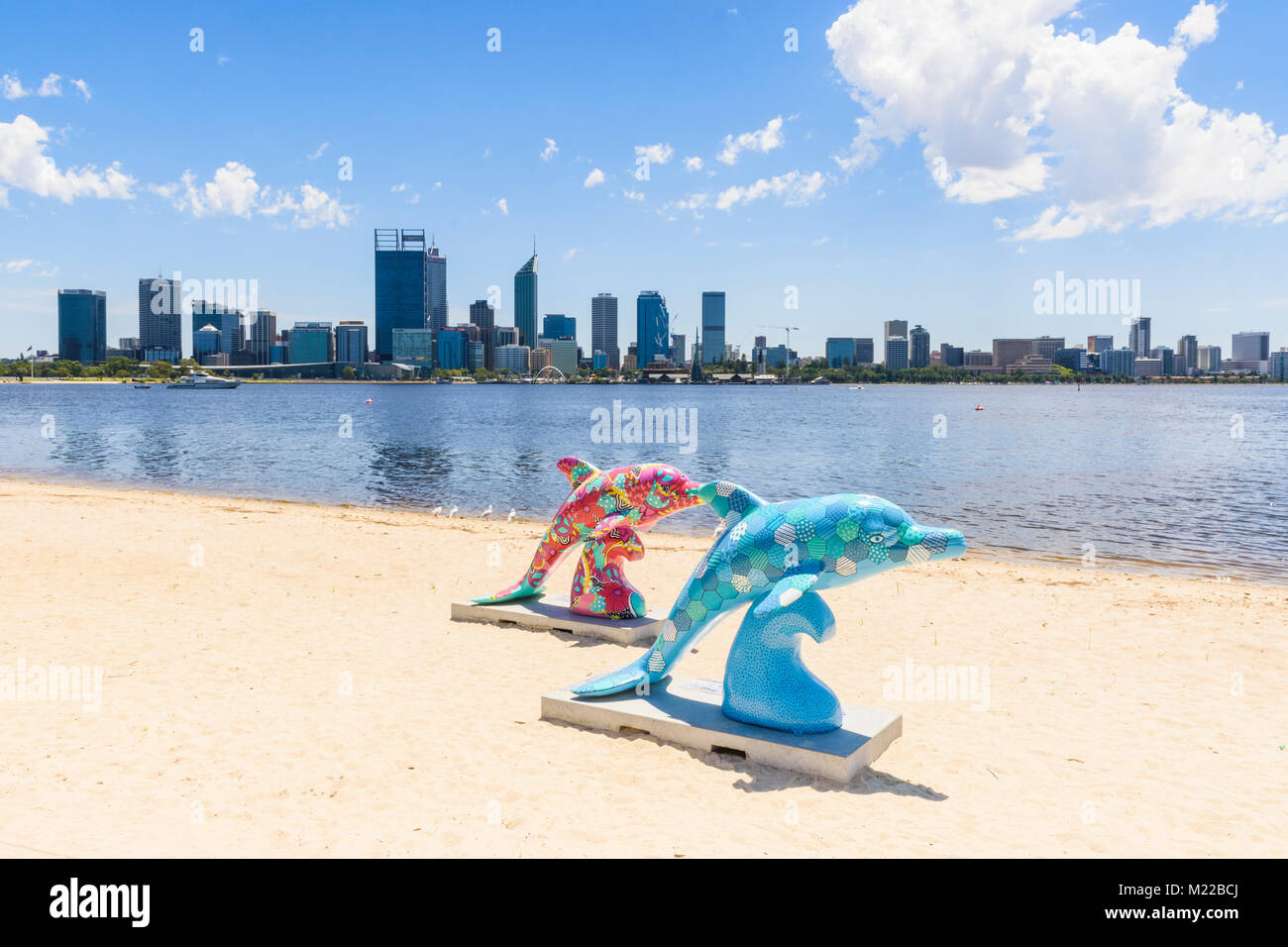 The Big Splash WA painted dolphins on the foreshore of South Perth, Western Australia Stock Photo