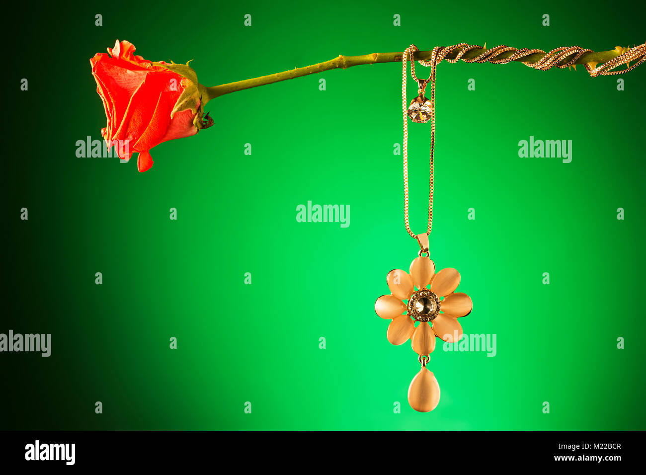 Expensive Jewellery Necklace Chain And Pendant Hanging Ornaments Flower Stem Stock Photo