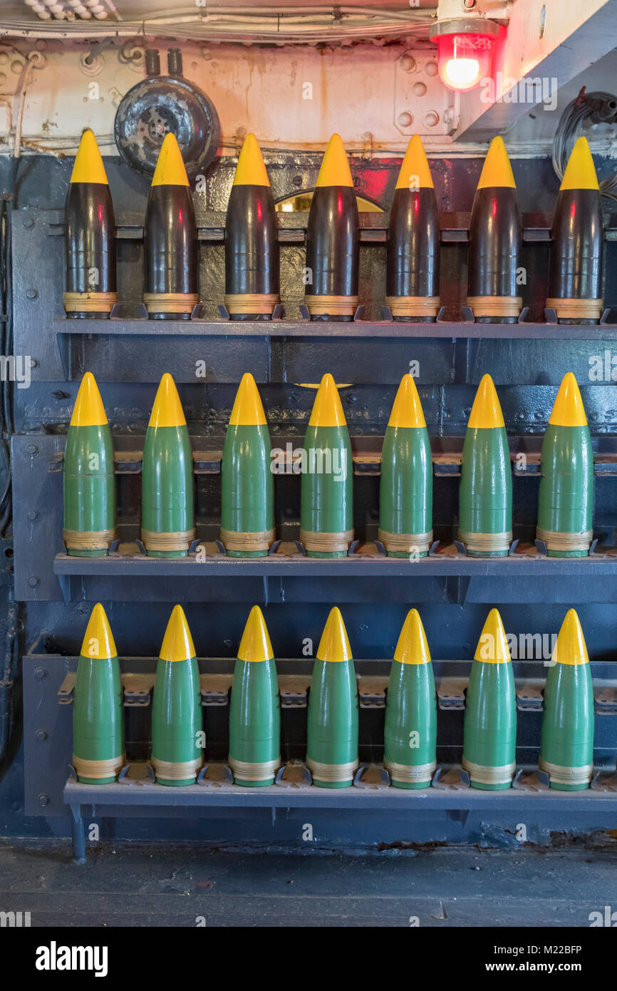 Houston, Texas - Artillery shells on the Battleship Texas, which served in World War I and World War II. The vessel is now a museum ship, docked on th Stock Photo