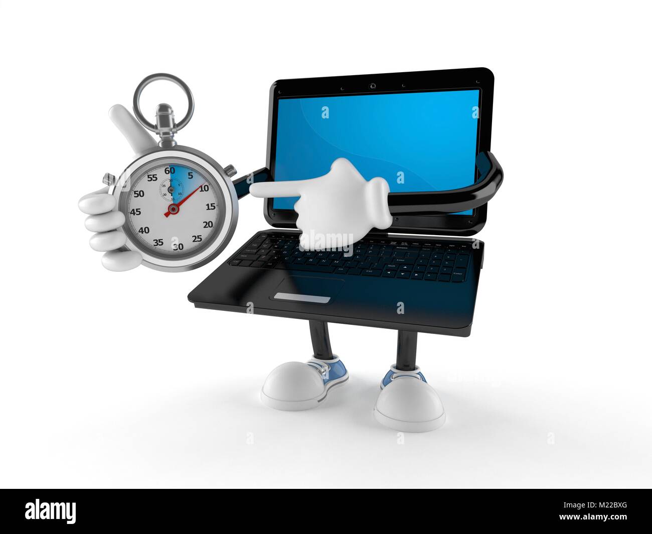 Laptop character with stopwatch isolated on white background Stock