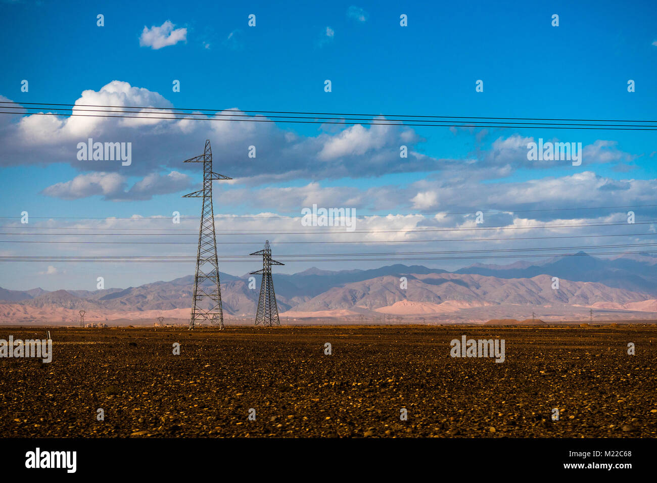 High voltage transmission towers for electricity in Morocco, Africa Stock Photo