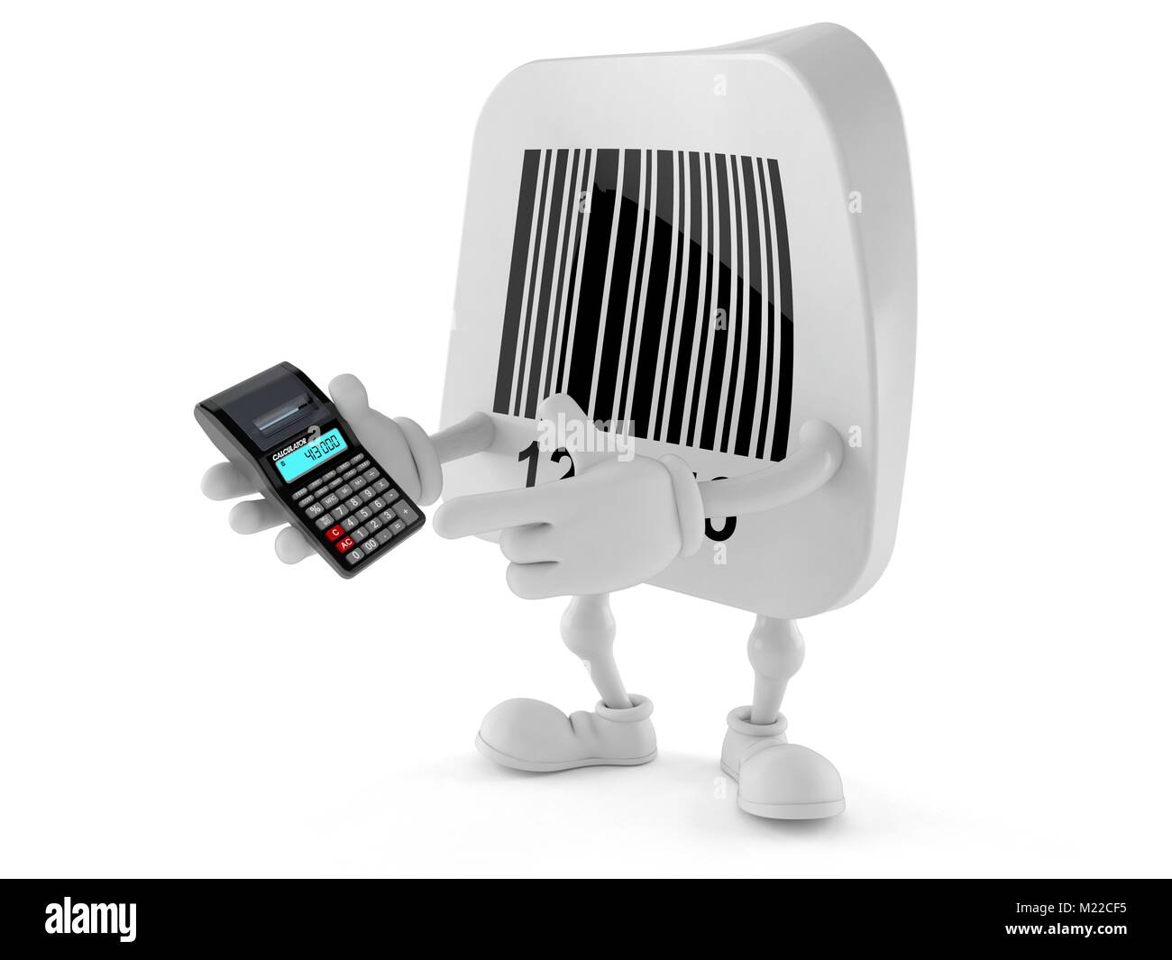 Barcode character holding calculator isolated on white background Stock ...