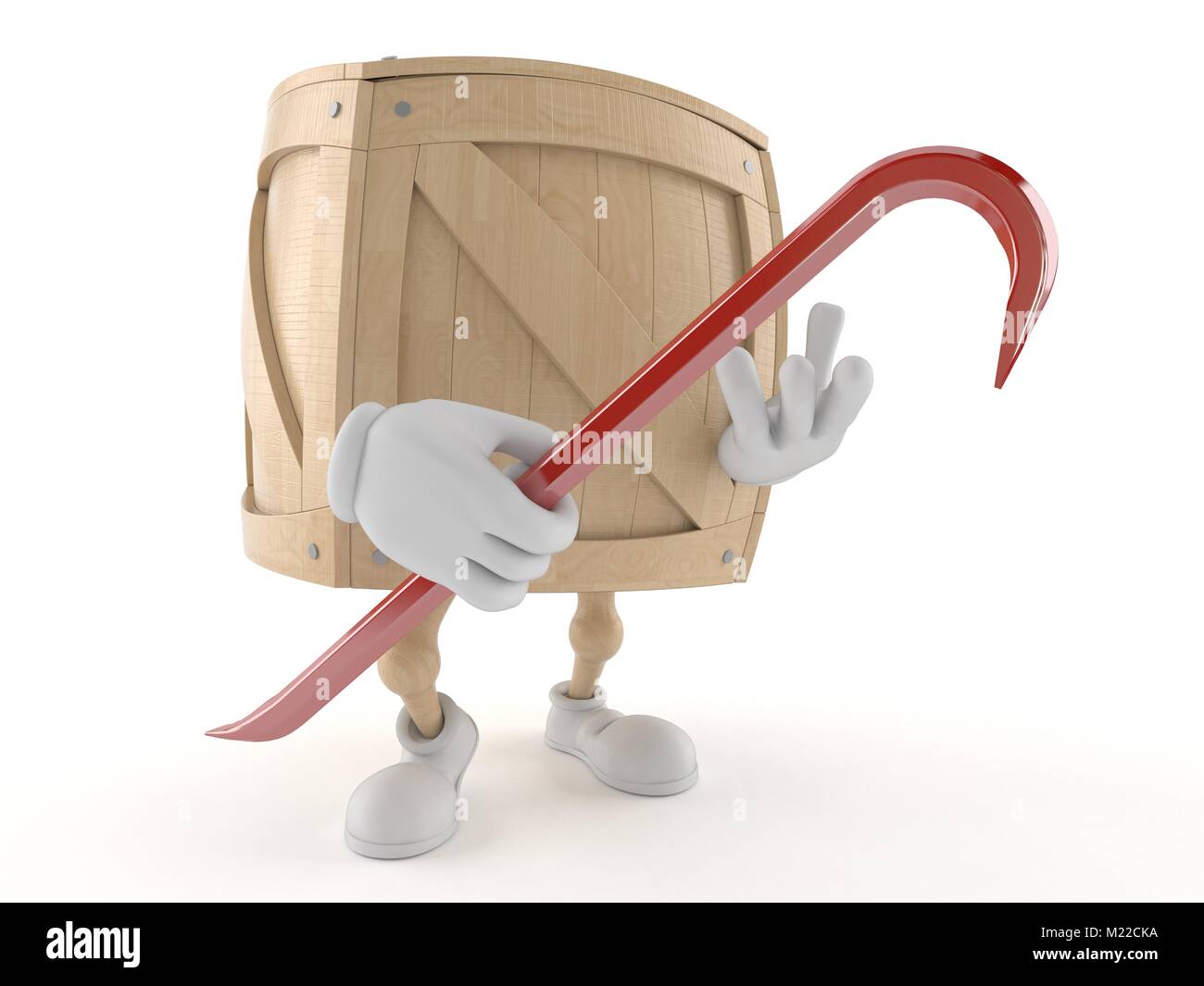 Crate character holding crowbar isolated on white background Stock
