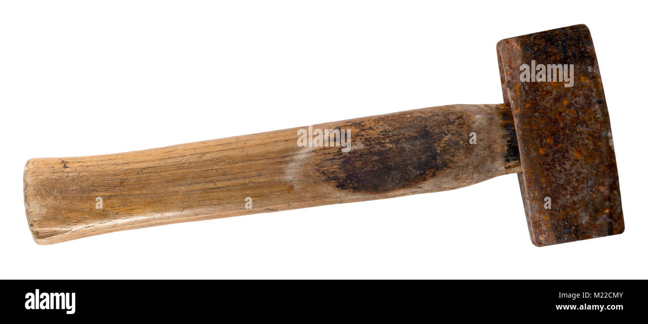 Rusty old worn lump hammer with a scratched and dented wooden handle on a isolated white background Stock Photo