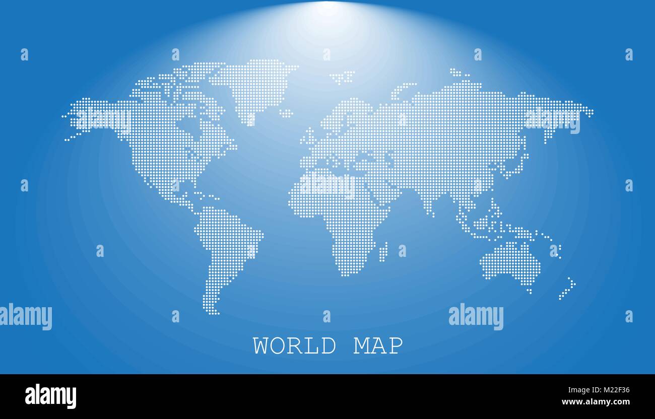 Dotted blank white world map isolated on blue background. World map ...