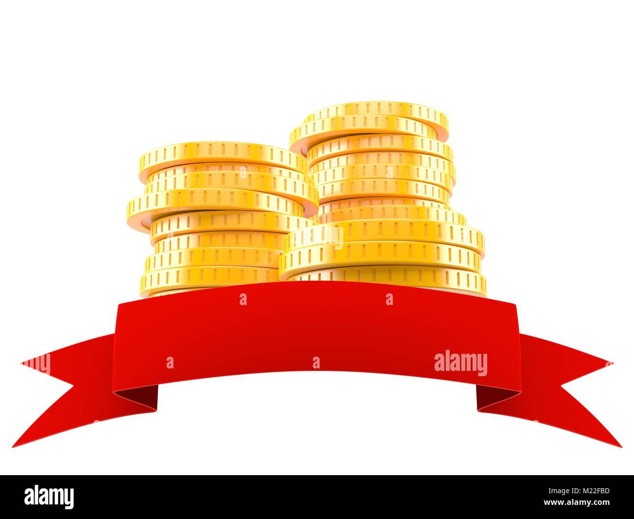 Stack of coins with blank ribbon isolated on white background Stock ...