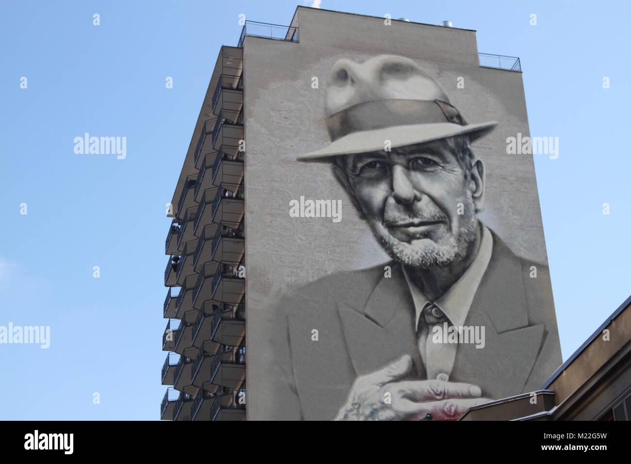 Leonard Cohen image on a building in Montreal on December 16, 2017 Stock Photo