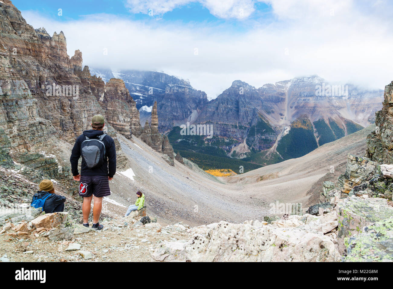 Sentinel Pass LAKE LOUISE, CANADA - SEPT 17, 2016: Hikers rest atop Sentinel Pass in ...