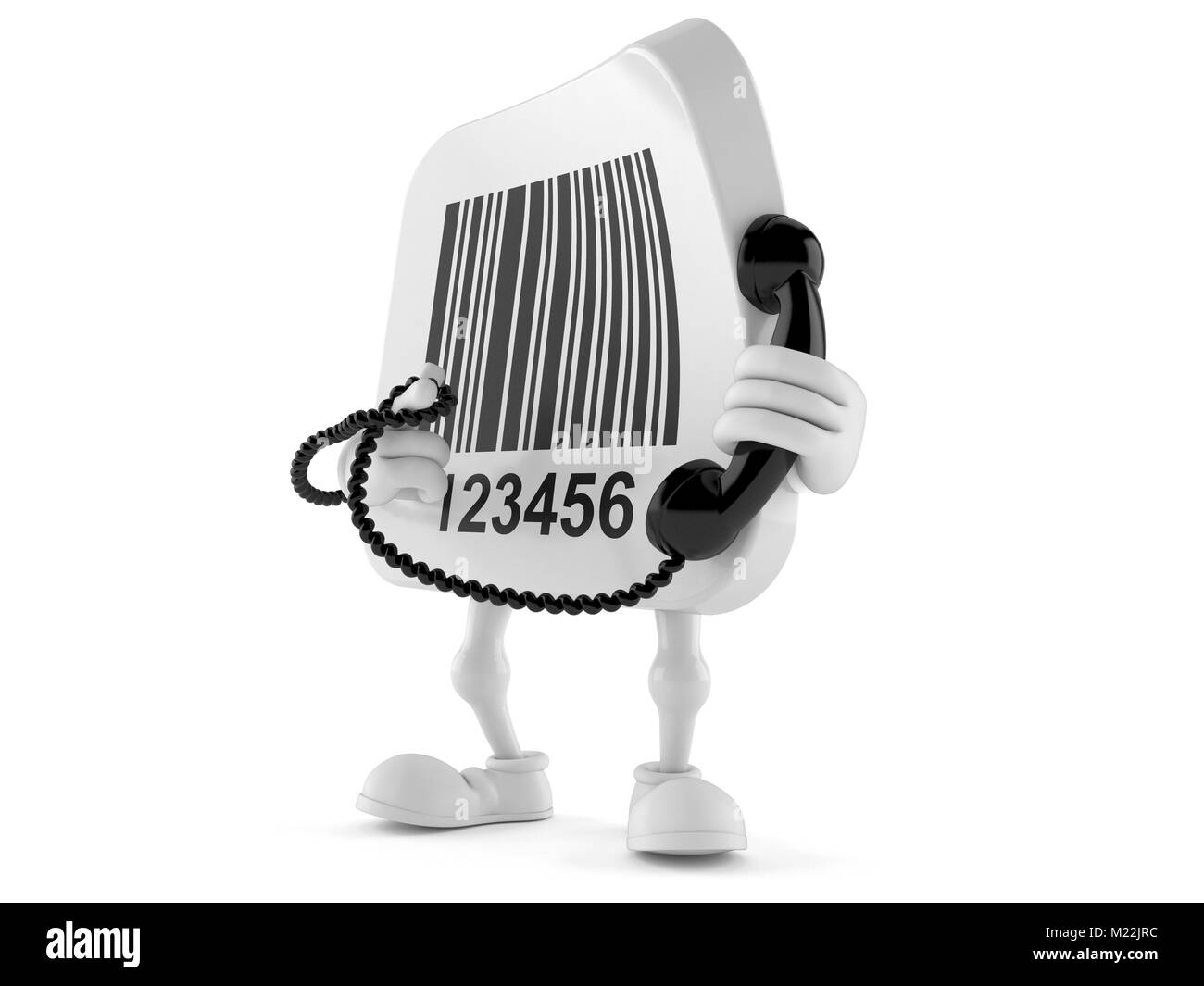 Barcode character holding a telephone handset isolated on white background Stock Photo
