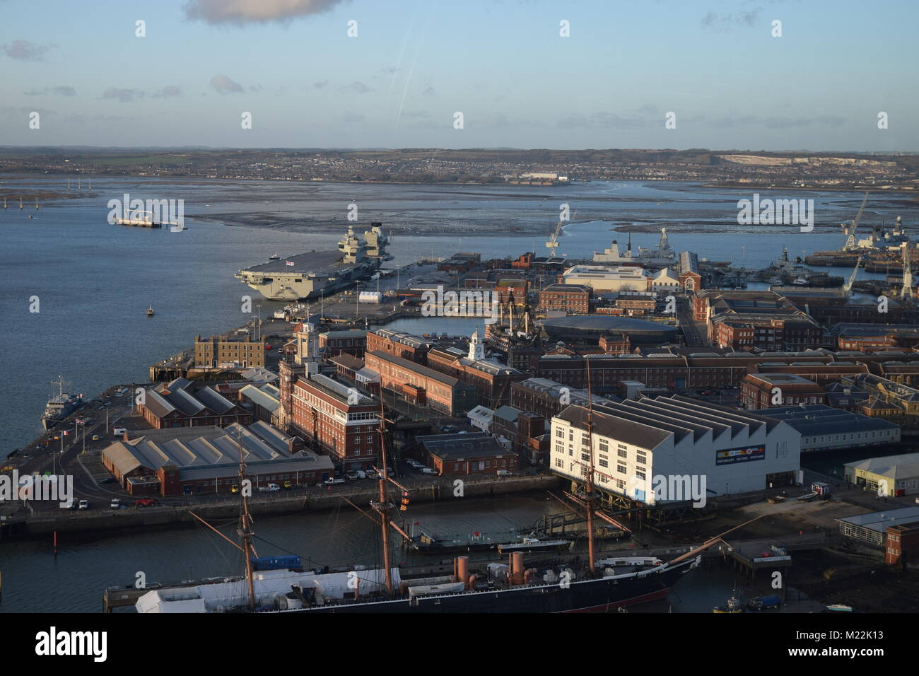 HISTORIC DOCKYARD AND HARBOUR, PORTSMOUTH, HAMPSHIRE, UK, VIEWED FROM SPINNAKER TOWER AT SUNSET Stock Photo