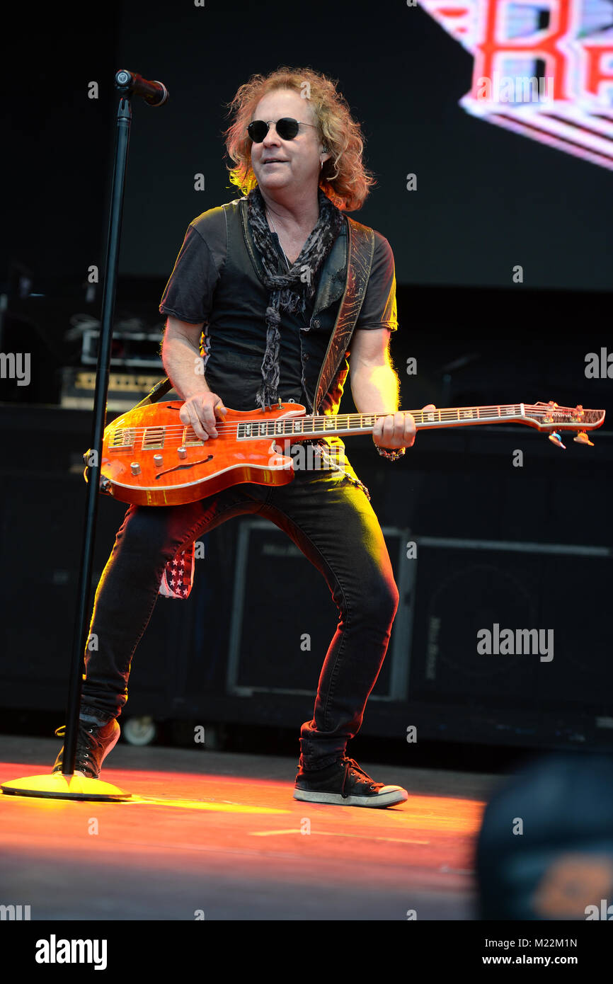 WESTON, FL - APRIL 02: Jack Blades of Night Ranger performs at Rockfest 80s held at Markham Park on April 2, 2016 in Weston, Florida.   People:  Jack Blades Stock Photo