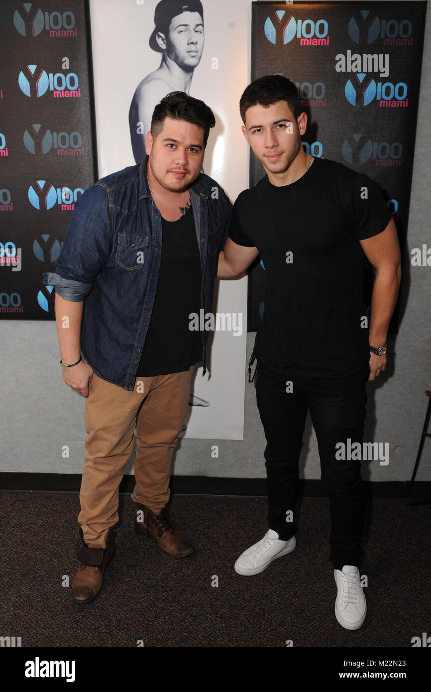 MIAMI BEACH, FL - OCTOBER 10: (EXCLUSIVE COVERAGE) Nick Jonas at radio station Y-100 on October 10, 2014 in Miami Beach, Florida.   People:  Nick Jonas Stock Photo