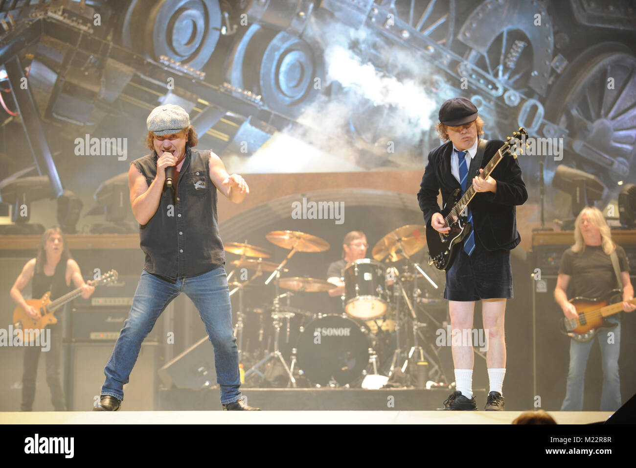 SUNRISE, FL - DECEMBER 20: Brian Johnson, Angus Young of AC/DC perform at the Bank Atlantic center on December 20, 2008 in Sunrise Florida.  People:  Brian Johnson, Angus Young Stock Photo
