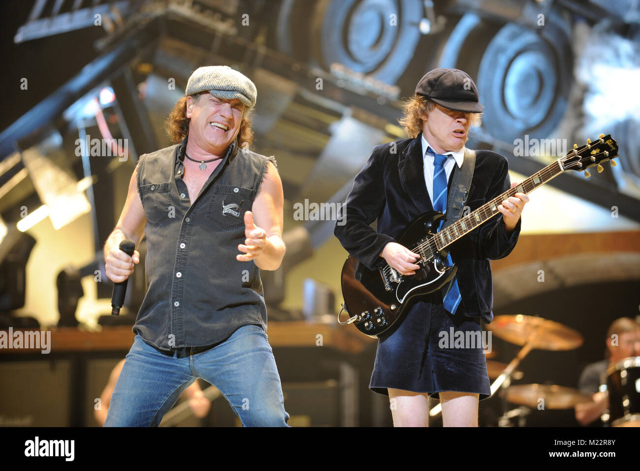 SUNRISE, FL - DECEMBER 20: Brian Johnson, Angus Young of AC/DC perform at the Bank Atlantic center on December 20, 2008 in Sunrise Florida.  People:  Brian Johnson, Angus Young Stock Photo