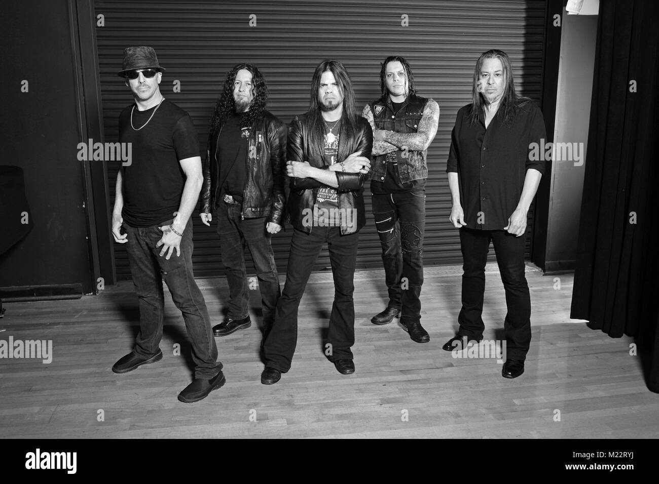 FORT LAUDERDALE, FL -MARCH 02: Scott Rockenfield, Michael Wilton, Todd La Torre, Parker Lundgre of Queensryche poses for a portrait at The Pompano Beach Amphitheater on March 2, 2016 in Fort Lauderdale, Florida.   People:  Scott Rockenfield, Michael Wilton, Todd La Torre, Parker Lundgre Stock Photo