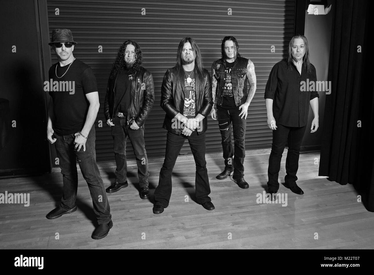 FORT LAUDERDALE, FL -MARCH 02: Scott Rockenfield, Michael Wilton, Todd La Torre, Parker Lundgre of Queensryche poses for a portrait at The Pompano Beach Amphitheater on March 2, 2016 in Fort Lauderdale, Florida.   People:  Scott Rockenfield, Michael Wilton, Todd La Torre, Parker Lundgre Stock Photo
