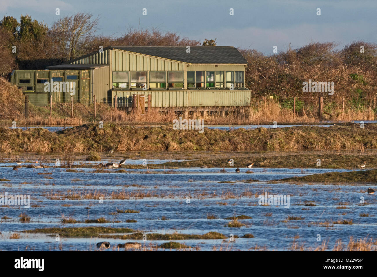 Hide and centre on RSPB Marshside Nature Reserve, Merseyside in winter Stock Photo
